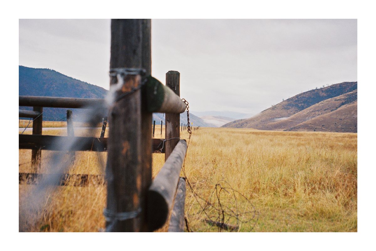 A weathered ranch gate opening toward a golden valley and distant hills